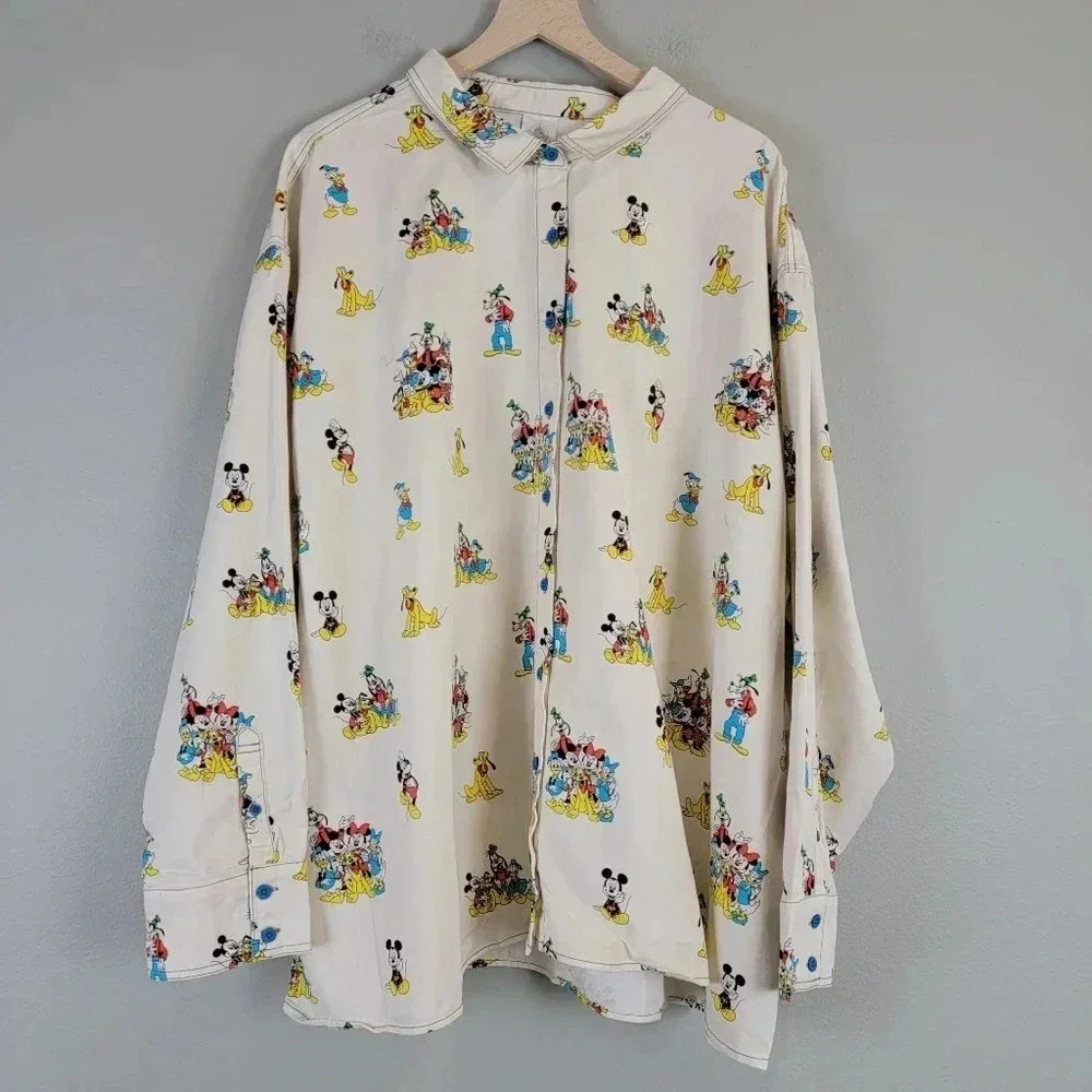 Disney Cream Button Down Shirt with Colorful Characters